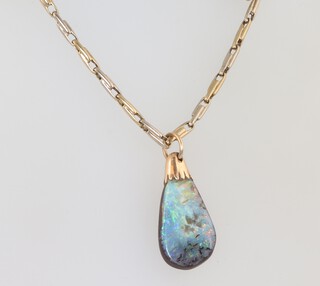 A 9ct yellow gold fancy link necklace 47cm, 16.3 grams together with a yellow mounted black opal pendant 
