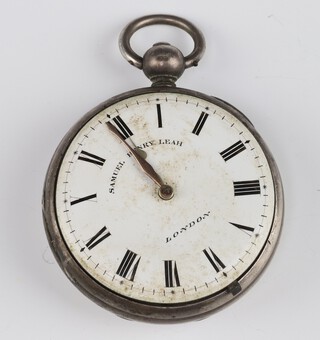 A George III silver key wind pocket watch, the dial inscribed Samuel Henry Leah London, contained in a 70mm case, the movement engraved Leah Old Str. London 5023 