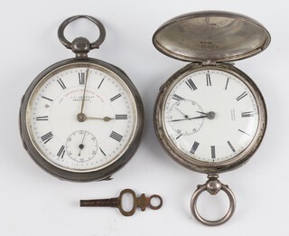 An Edwardian silver key wind pocket watch, Chester 1900, the dial inscribed J G Graves, The Express English Lever, with seconds at 6 o'clock, contained in a 50mm case together with a key wind hunter pocket watch  London 1862 the dial inscribed Benson with seconds at 6 o'clock, contained in a 45mm case 