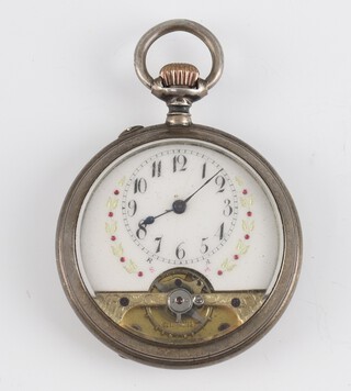 A Continental 800 mechanical pocket watch  with visible movement and enamelled dial, contained in a 50mm case 