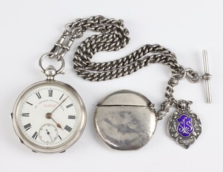 A silver cased key wind pocket watch the dial inscribed J G Graves The Imperial English Lever, with seconds at 6 o'clock  on a silver Albert with silver circular vesta and fob 