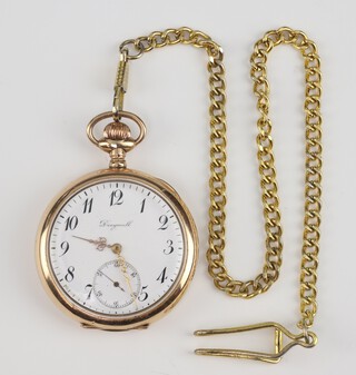 A gold plated Dingwall pocket watch with seconds at 6 o'clock the movement 1725359 on a modern gilt Albert 