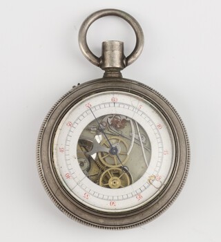 A metal cased double dial pocket watch with visible mechanical movement and seconds at 6 o'clock, contained in a 50mm case 