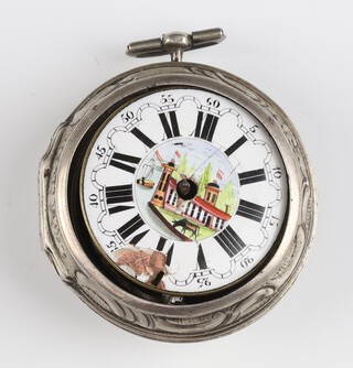 A George III silver key wind pair cased pocket watch  with enamelled dial depicting a river landscape, the movement inscribed J Miller London 13726, the case marked London 1765, the outer repousse case with classical figures, 50mm 