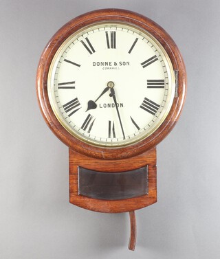 A 19th/20th Century fusee chain driven drop dial wall clock with 35.5cm dial marked Bonne and Sons Cornhill, having a 12cm plain back plate, contained in a later oak case, there is no pendulum or key  