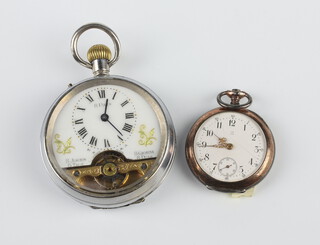 A metal cased 8 day pocket watch  with visible movement 50mm (in working condition) together with a lady's gilt fob watch 