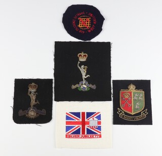 A 1977 R.Re.C Royals Royce Enthusiast Club badge, 2 Royal Signal Corps blazer badges, a school badge, a 618 Gliding School West Malling badge 