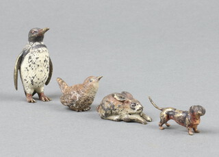 An Austrian cold painted bronze figure of a standing penguin 5cm, ditto hare 3cm, wren 2cm and a Dachshund 2cm 