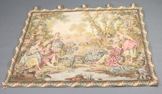 A machine made tapestry panel depicting an 18th Century fishing scene 130cm x 142cm 