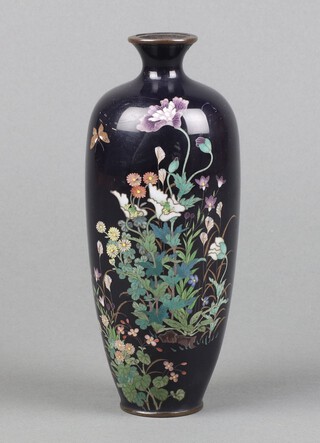 A 19th Century Japanese black ground cloisonne enamelled vase decorated flowers and butterflies 18cm 