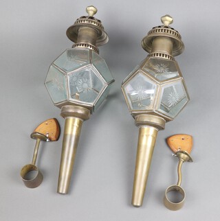 A pair of 19th Century style gilt metal and etched glass coaching lamps with brackets, marked Lion House Lamp Company 56cm 