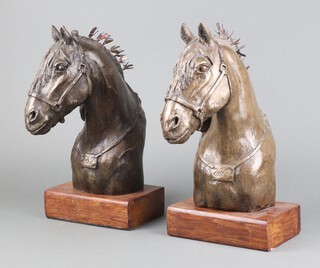 I F Mountford, a pair of bronzed portrait busts of shire horses raised on oak bases, 31cm h x 18cm w x 11cm d 