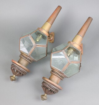 A pair of 19th Century style gilt metal and etched glass coaching lamps converted to electricity marked London Lamp Company 