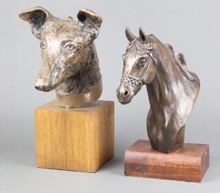 F Mountford, a limited edition bronze head and shoulders portrait of a horse "The Silver Bridle" no.5 of 10, raised on a wooden base 30cm h together with 1 other of a dogs head 34cm h 