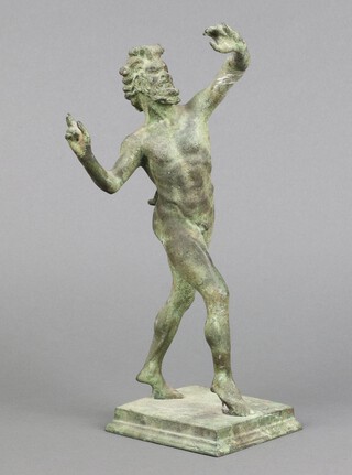 After the antique, a verdigris bronze figure of the dancing faun of Pompeii,  25cm h (arm a/f)