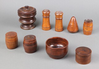 An 18th/19th Century turned wooden bowl 7cm x 10cm, a ditto turned bowl and cover 11cm x 8cm and a collection of treen 