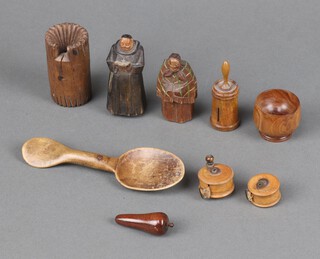 Three miniature wooden tape measures (1 a/f), a carved wooden spoon, a miniature bowl and 2 carved wooden figures 