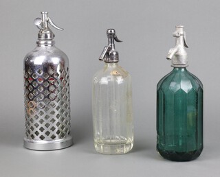 An Apa Gazoasa Stas green glass soda siphon, a Purnell & Co Guildford soda siphon and a 1 other 