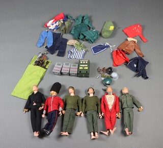 Action Man by Palitoy, a collection of 6 Action Man dolls with a field commander and field radio box (missing stars) together with a collection of costumes including field radio transpolar expedition, Grenadier Guards, Canadian Mounted Police, football tops, bomber jacket and a collection of assorted weapons 