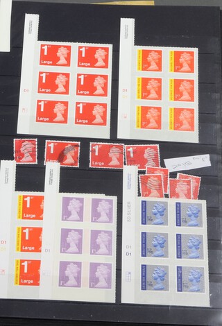 Stamps, Great Britain decimal Machins in 5 stocks books, with cylinder blocks, 1st and 2nd class, high values plus regionals, some used and some commemorative mint blocks and booklets  