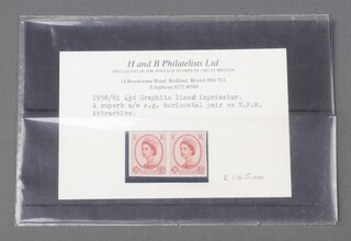 Stamps, Great Britain 1959 4 1/2d graphite lined Imprimatur imperforate pair unmounted mint and with National Postage Museum stamp to the reverse