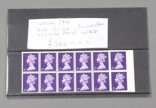 Stamps, Great Britain 1967 Machin 3d violet vertical pair Imperforate from right sheet margin, unmounted mint, small stain in margin 