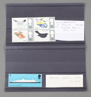 Stamps, Great Britain 1966 Birds 4d unmounted mint block of four with missing reddish brown (birds legs), 1969 Ships 5d unmounted mint missing grey 