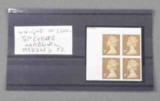 Stamps, Great Britain 1971 4p ochre brown top left corner imperforate block of four unmounted mint, only the top two rows of a sheet were discovered SG X861a