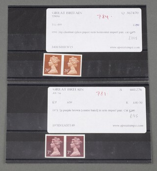 Stamps, Great Britain 1971 7p purple brown (centre band) unmounted mint imperforate pair and 24p chestnut unmounted mint imperforate pair 