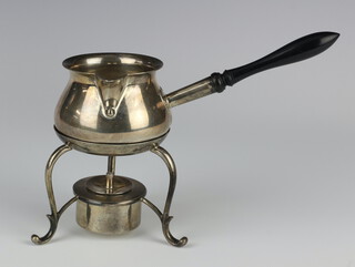 An Edwardian Georgian design silver brandy warmer with ebonised handle on a silver base with burner, London 1901, made by Henry Stratford, 276 grams gross