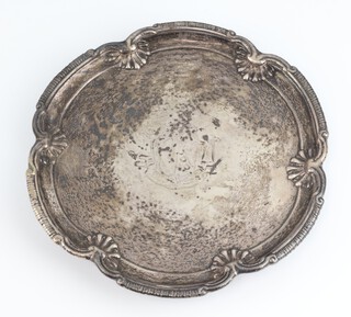 A George II card tray with shell and scroll rim, engraved a crest, London 1758, 384 grams, 20cm, maker David Bell 