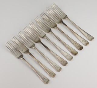 Six Old English pattern silver dinner forks with engraved armorial London 1916 and 3 similar London 1915, 700 grams 