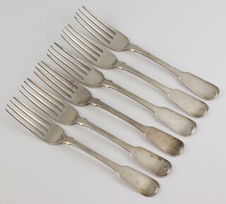 Six William IV Old English pattern dinner forks with engraved armorial, Edinburgh 1833, maker William Fillan and Co., 381 grams 