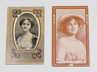 British American Tobacco Cigarette Cards, Actresses unicoloured (1910) fronts in light brown, a complete set of 30 (same as Wills W.120) together with Actresses 4 colours surround, a set of 50 mixed colours, plain backs 