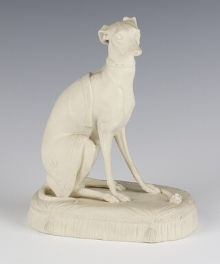 A Victorian parian ware figure of a seated hound raised on an oval cushion 16cm 