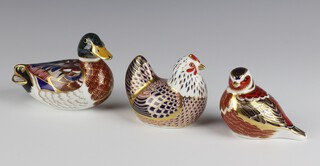 A Royal Crown Derby  paperweight in the form of a bird with a gold stopper LIV 6cm, ditto duck gold stopper MMV 9cm and a chicken with gold stopper LIII 7cm 