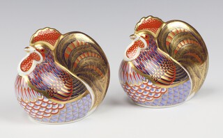 Two Royal Crown Derby  paperweights in the form of cockerels with gold stoppers LVI 10cm 