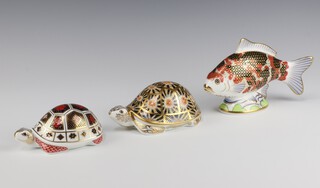 A Royal Crown Derby  limited edition paperweight of a Coy Carp with gold stopper, no.126 of 2500, MMVII 11cm, ditto Indian Star Tortoise with gold stopper MMV 6cm and 1 other tortoise with silver stopper LVI 6cm 