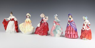 Six Royal Doulton figures - Victorian Lady HN728, Autumn Breezes HN1934, Sunday Best HN2206, Sara HN2265, Spring Morning HN1922, Christmas Morn HN1922 