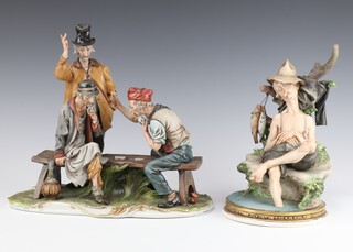 A Capodimonte figure "The Card Game" 25cm and 1 other of a seated fisherman 24cm 