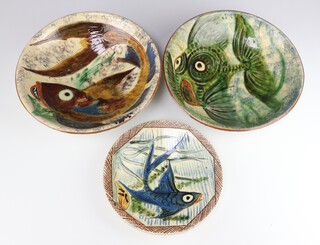 Two Art Pottery bowls decorated fish 31cm and  1 other 24cm 