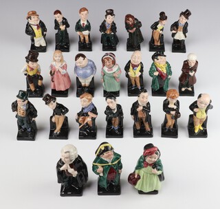 Twenty four Royal Doulton Dickensian figures - Bill Sykes, Jingle, Tiny Tim, Fat Boy, Captain Cuttle, Oliver Twist, Buzz Fuzz, Bumble, Little Nell, Sairey Gamp, Mrs Bumble, Artful Dodger, David Copperfield, Stiggins (second), Scrooge, Micawber, Dick Swiveller, Fagin (second), Mr Pickwick, Pecksmiff, Sam Weller, Tony Weller, Trotty Veck and Uriah Heep 