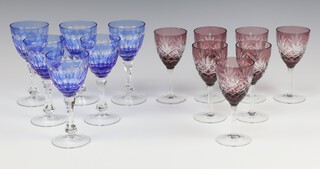 Six liqueur glasses with blue glass bowls and 7 ditto with brown glass bowls (2 with chips to rim)