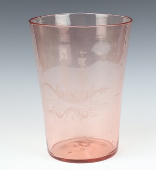 A pink blown and etched glass vase decorated a sailing ship 29cm 