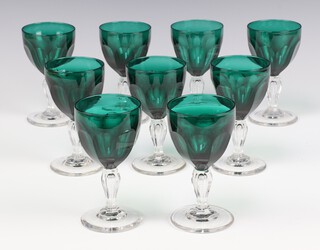 Nine, 19th Century liqueur glasses with green panel cut bowls and clear stems 