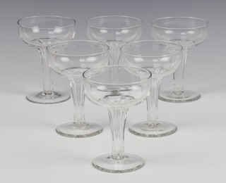 Six 1930's champagne coups with clear glass stems 