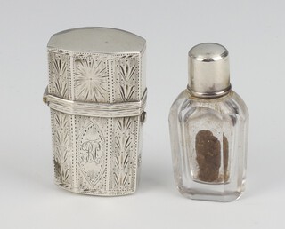 A George III octagonal silver box with engraved geometric decoration, Birmingham 1816 containing a glass scent 4.5cm 