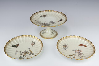 A Havilland and Co Limoges porcelain dessert service decorated dragonfly comprising 3 comports and 11 plates (2 repaired)