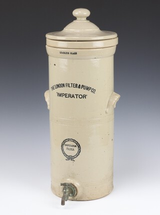 A salt glazed "The London Filter and Plum Company Improved" twin handled water filter 49cm 