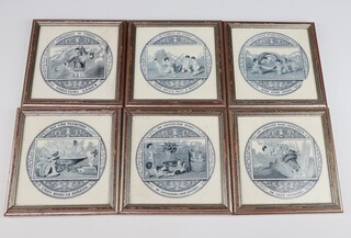 Josiah Wedgwood and Sons, Etruria, 6 Victorian blue and white tiles decorated children, individually framed 17cm x 17cm 